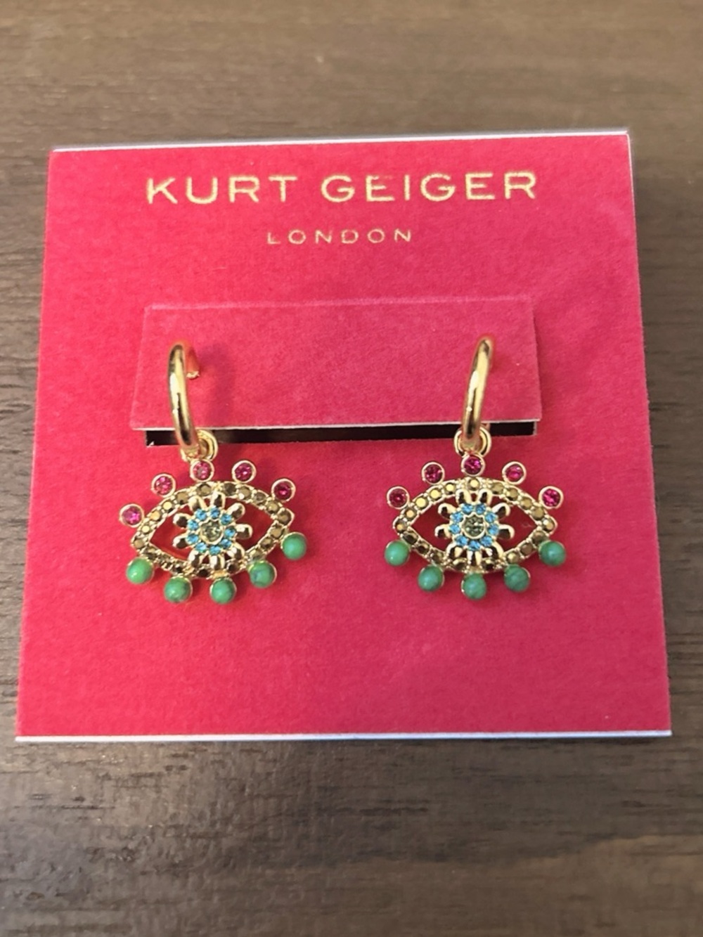 Kurt Geiger London Gold Hoop Evil Eye Colorful Dangle Earrings NWT
